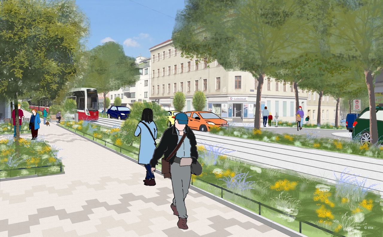 Scribble zur Neugestaltung der Simmeringer Hauptstraße mit viel Begrünung und heller Pflasterung; Aquarell über Foto