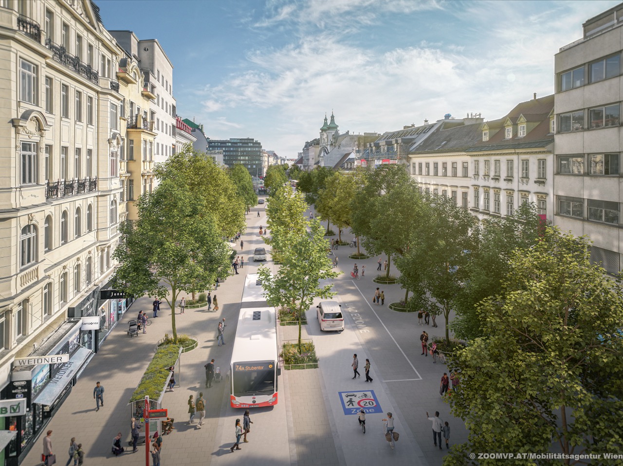Visualisierung Umgestaltung Landstraßer Hauptstraße, Blickwinkel von oben mit neuer Aufteilung der Straßenfläche; @ZOOMVP.AT/Mobilitätsagentur Wien
