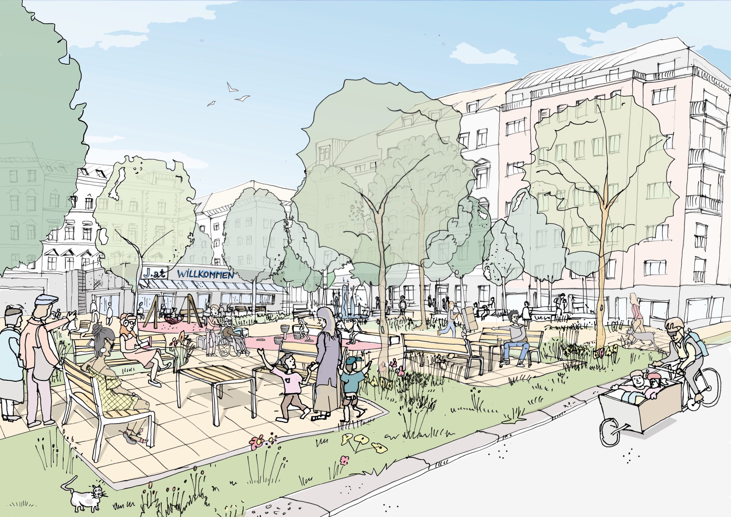 Ein Scribble des zukünftigen Volkertplatzes mit viel Begrünung, Sitzgelegenheiten und Menschen, die sich dort aufhalten. @Stadt Wien Straßenverwaltung und Straßenbau - MA 28