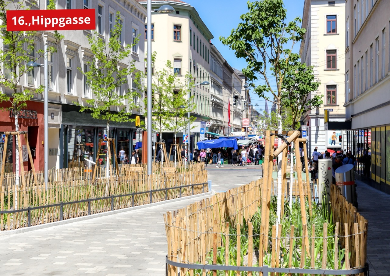 Die neu gestaltete, begrünte Hippgasse © Stadt Wien/Christian Fürthner
