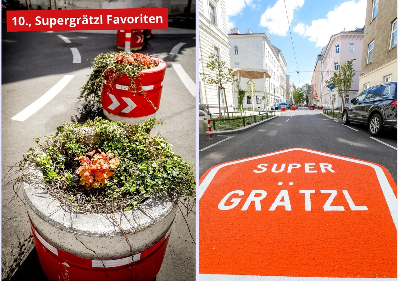 Absperrung und Wegweiser zum Supergrätzl Favoriten © Stadt Wien/Christian Fürthner