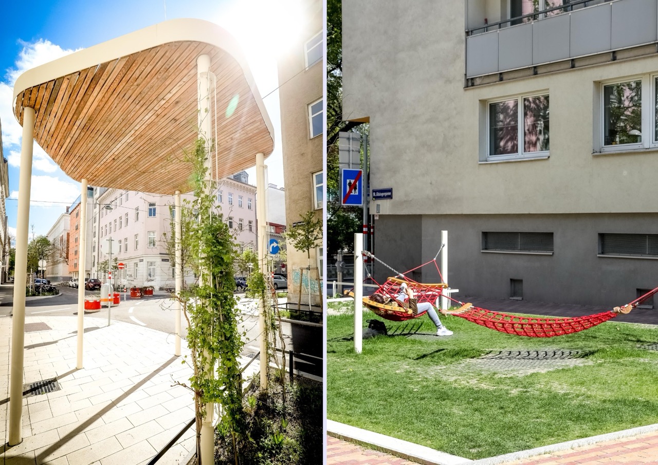 Schattenden spendende Konstruktion und Hängematten im Supergrätzl Favoriten © Stadt Wien/Christian Fürthner
