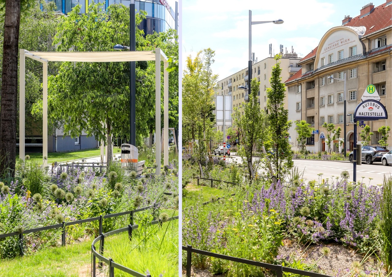 Detailaufnahmen Straßenpark und verkehrsberuhigte Wagramer Straße © Stadt Wien/Christian Fürthner