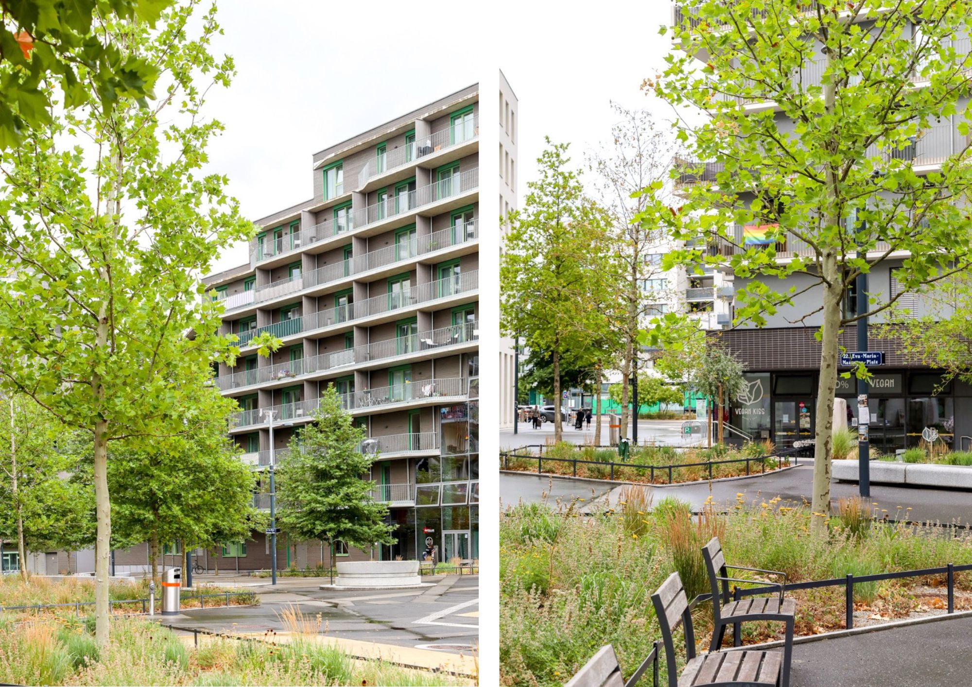 Eva-Maria-Mazzucco-Platz 2 zweigeteiltes Bild des Eva-Maria-Mazzucco-Platzes, links Begrünung vor Wohnhaus, rechts mit Sitzgelegenheiten und Geschäft im Erdgeschoß
